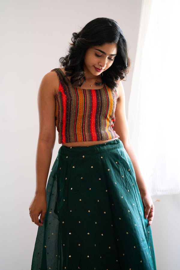 GRG - Aadhini Greeen sequins skirt with multicolor printed embroidered top - XS & S only