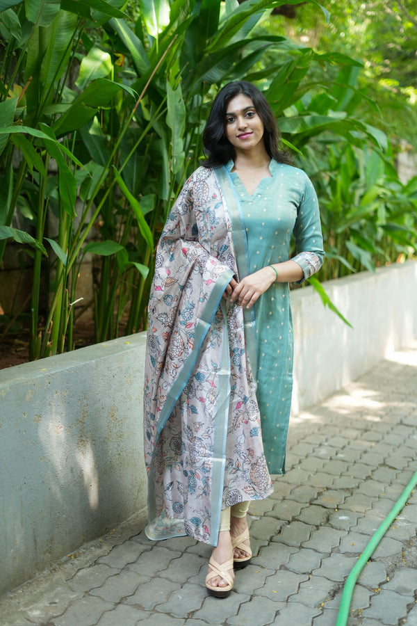 Charita Pastel Green Chanderi Kurta Set with Kalamkari Dupatta (set of 2)