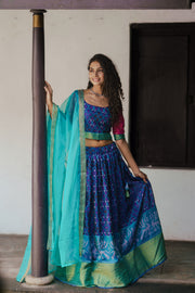 Harshini Blue with Magenta Croptop Skirt (Set of 3)