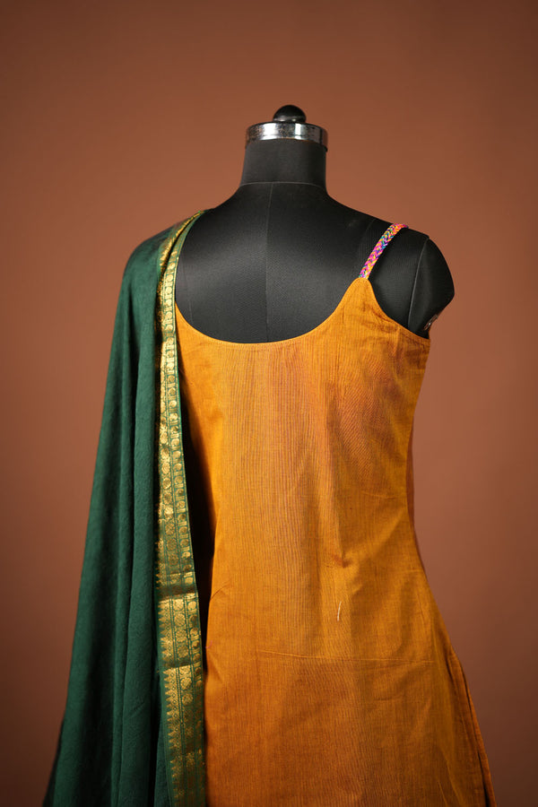 Poonguzhali Mustard Sleeveless Chettinad Cotton Kurti Set ( Set of 2 )