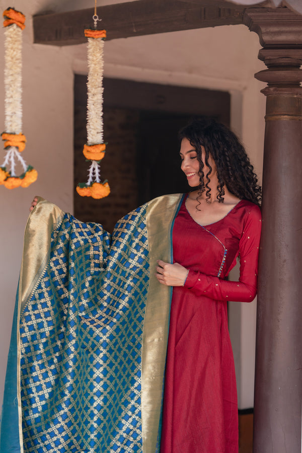 Shreya Maroon with Blue Co-Ord Set (Set of 3)