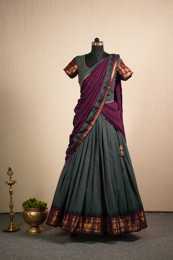 Madhuri Peacock Green Chettinad Cotton Halfsaree (Set of 3 )