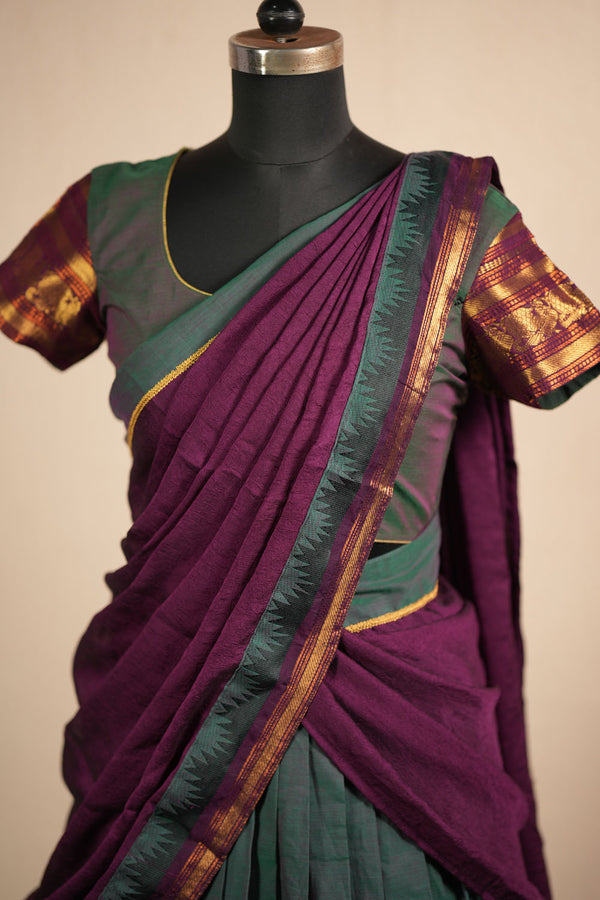Madhuri Peacock Green Chettinad Cotton Halfsaree (Set of 3 )