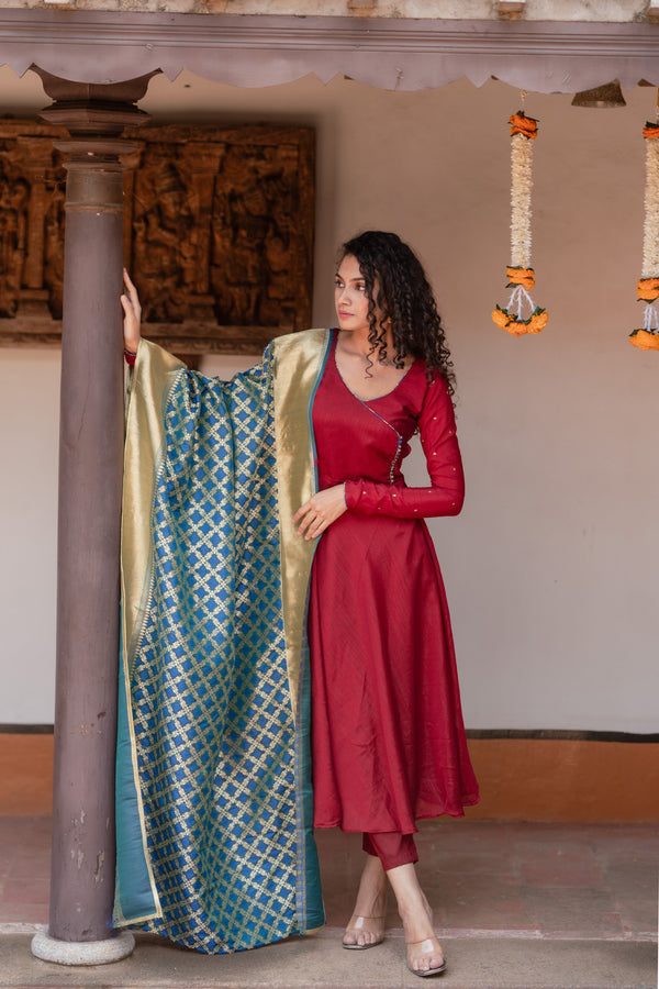 Shreya Maroon with Blue Co-Ord Set (Set of 3)