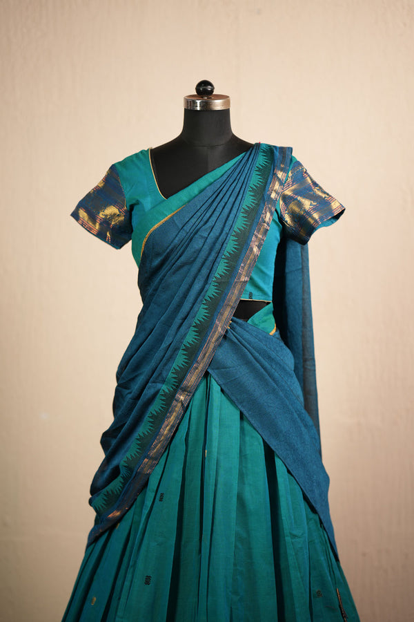 Madhuri Blue Chettinad Cotton Halfsaree (Set of 3 )