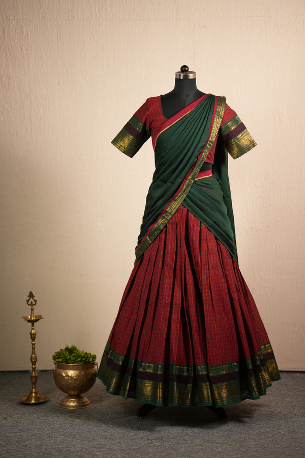 Sana Red Checks Chettinad Cotton Halfsaree (Set of 3)
