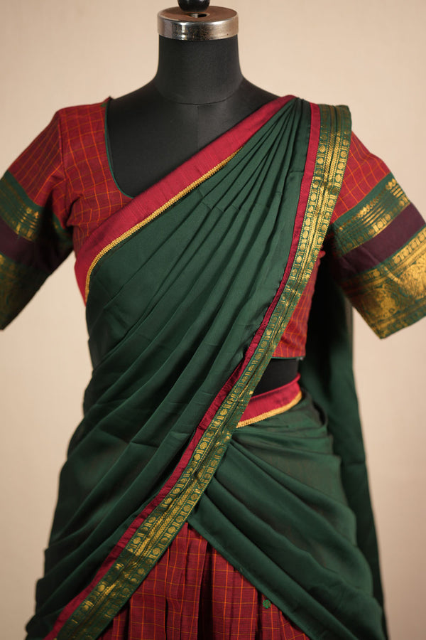 Sana Red Checks Chettinad Cotton Halfsaree (Set of 3)
