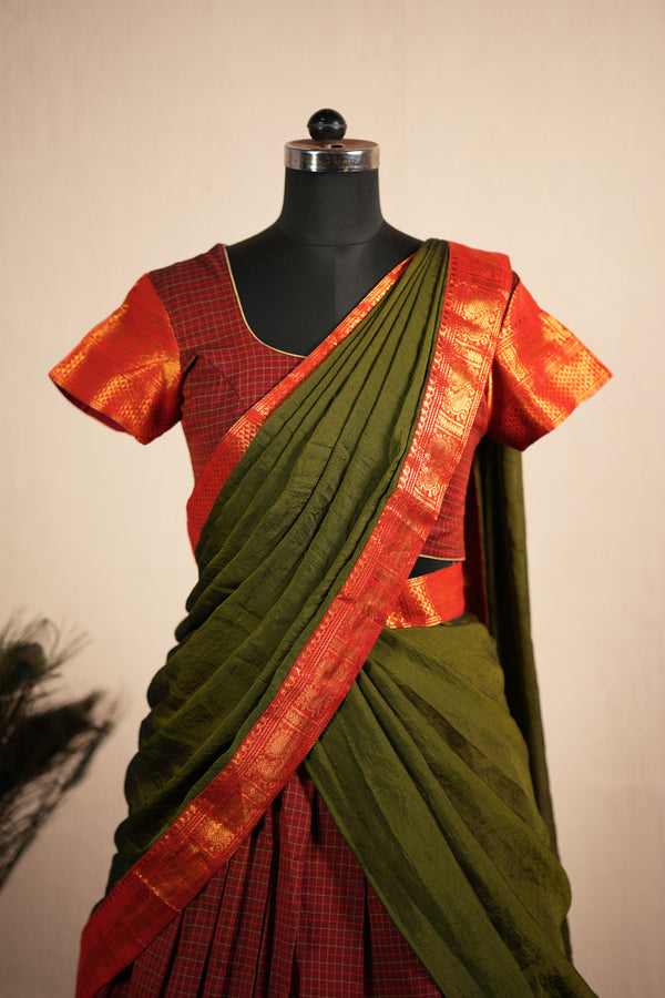Daksha Brown Checks Chettinad Cotton Halfsaree (Set of 3 )