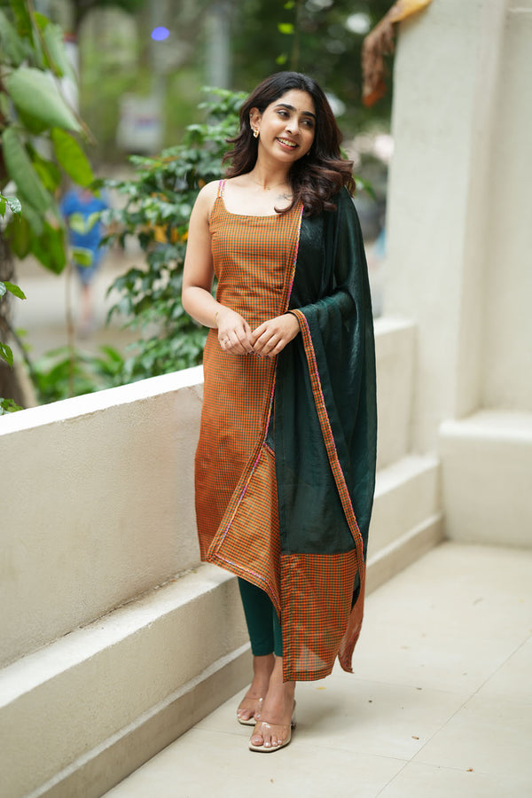 Narmada Rust with Green Kurti (Set of Top & Dupatta)
