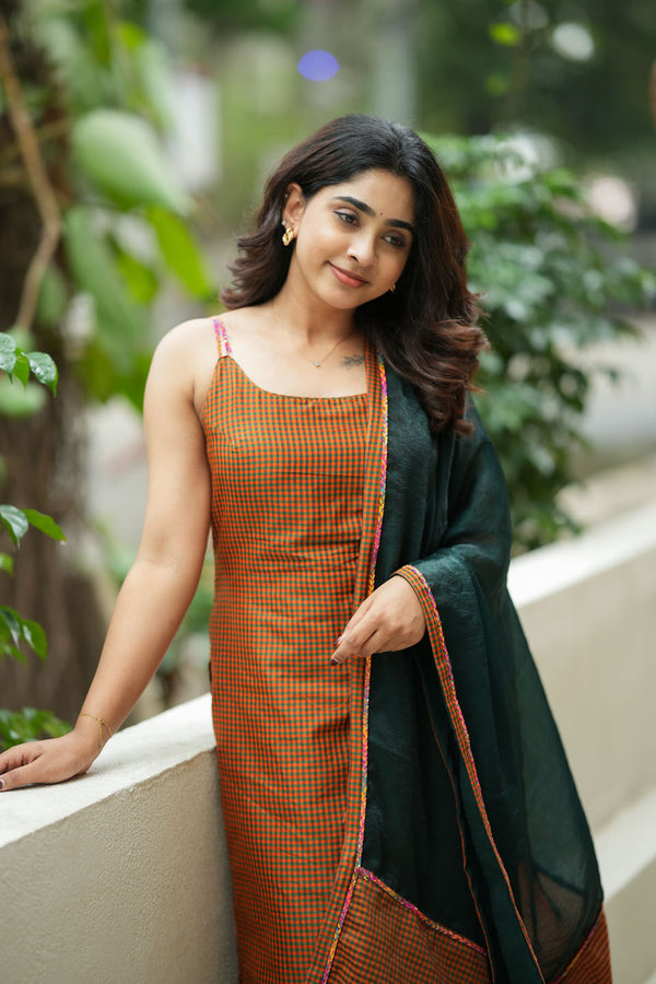 Narmada Rust with Green Kurti (Set of Top & Dupatta)