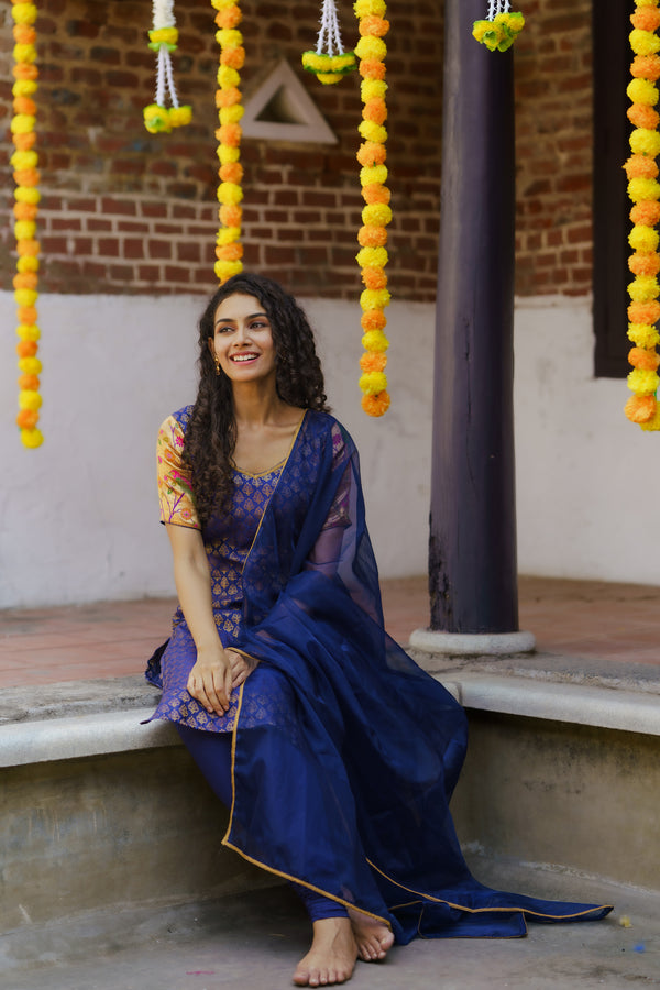 Smriti Navy Blue Brocade Kurti Set