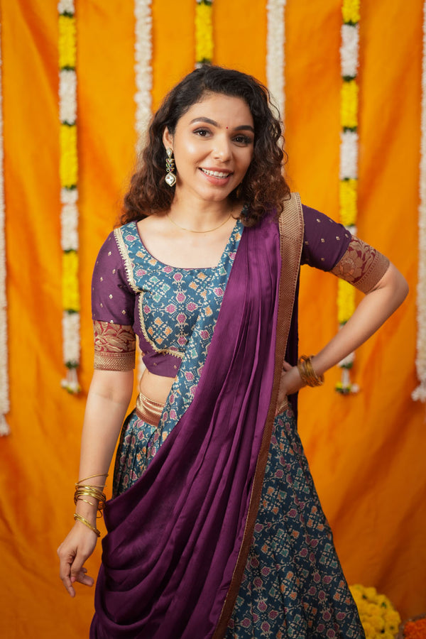 Agalvili Wine & Blue Dola Silk Printed Lehenga Set