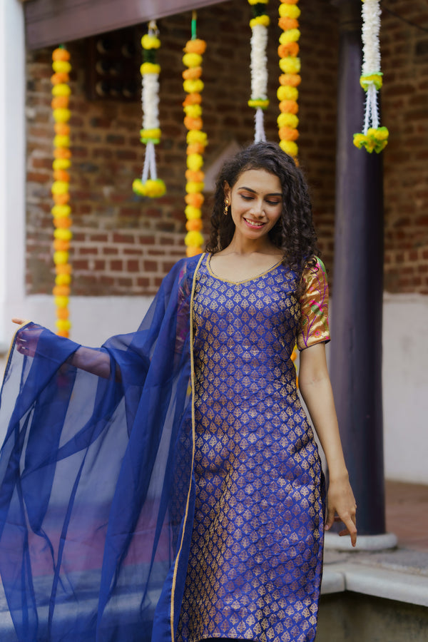 Smriti Navy Blue Brocade Kurti Set