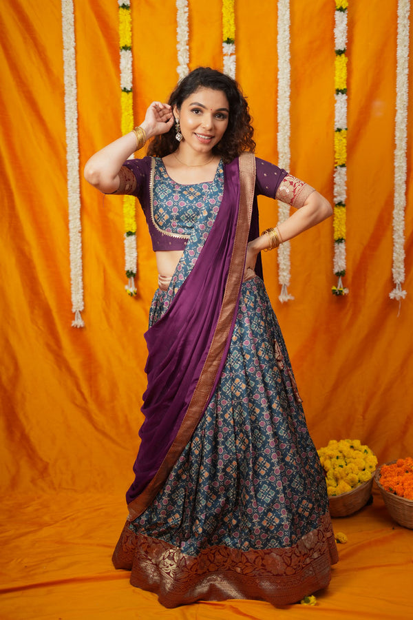 Agalvili Wine & Blue Dola Silk Printed Lehenga Set