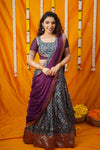 Agalvili Wine & Blue Dola Silk Printed Lehenga Set