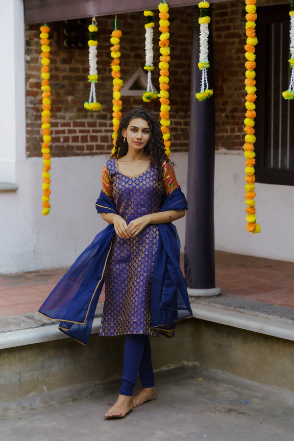 Smriti Navy Blue Brocade Kurti Set
