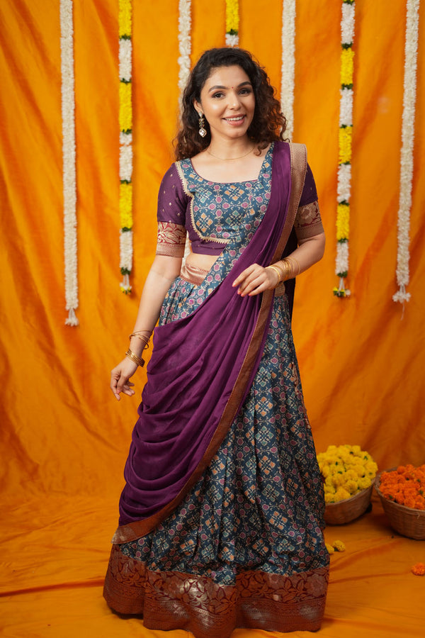Agalvili Wine & Blue Dola Silk Printed Lehenga Set