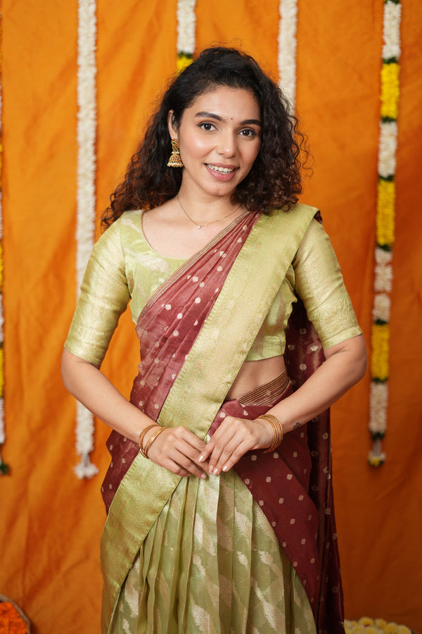 Aalaya Green with Maroon Banarasi Half Saree Set