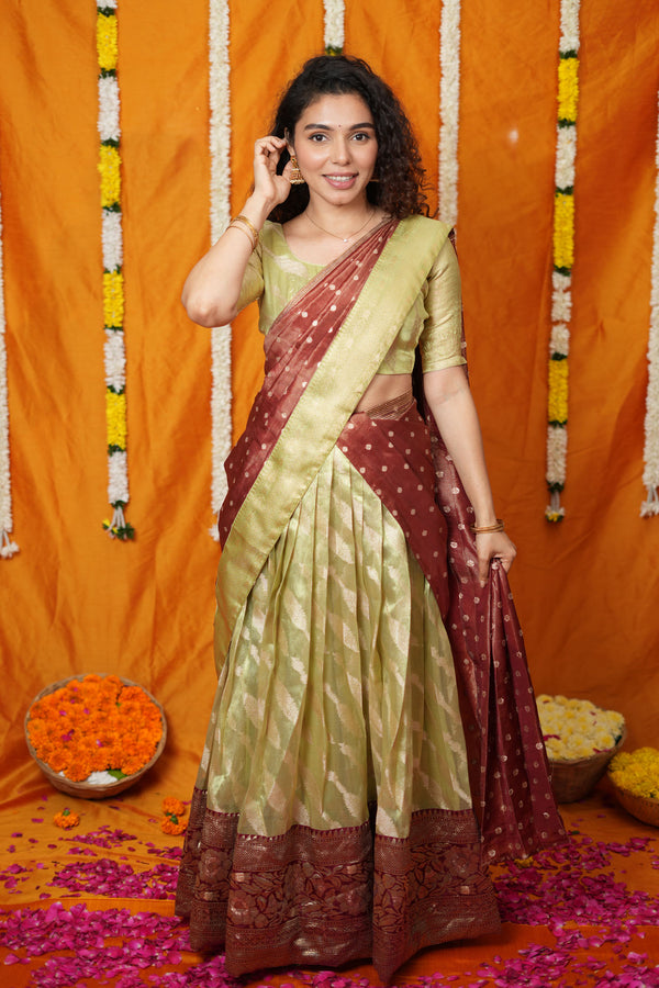 Aalaya Green with Maroon Banarasi Half Saree Set