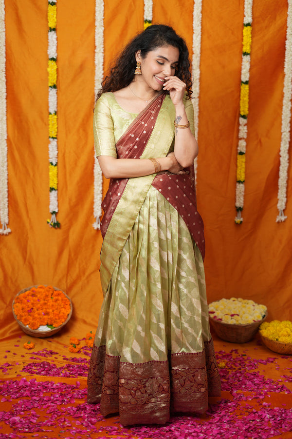 Aalaya Green with Maroon Banarasi Half Saree Set