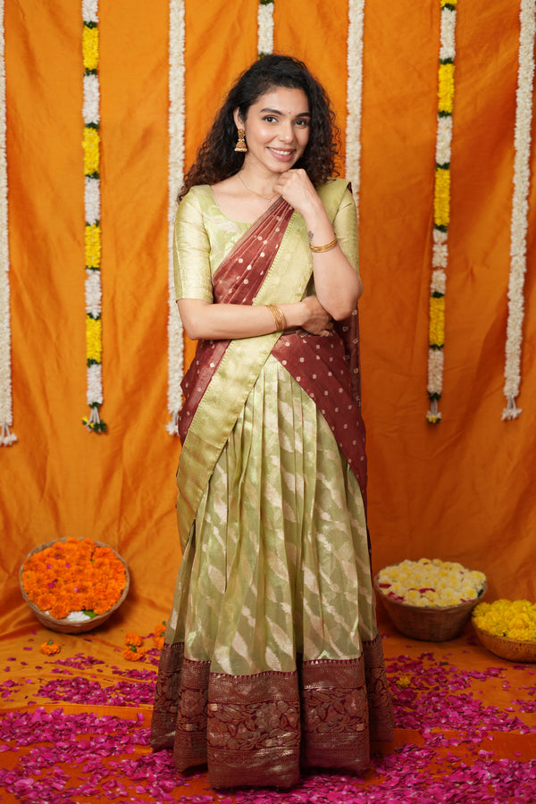 Aalaya Green with Maroon Banarasi Half Saree Set