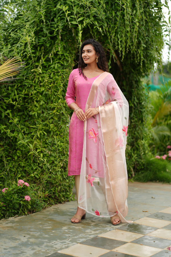 Malini Pink with White Organza Dupatta