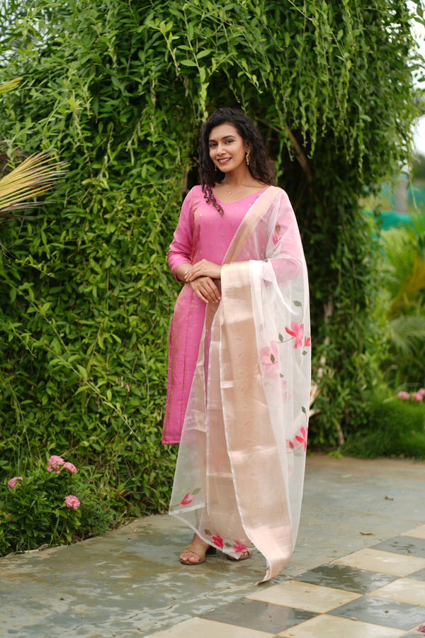 Malini Pink with White Organza Dupatta