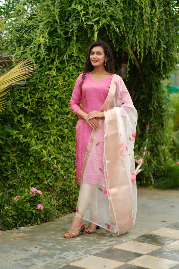 Malini Pink with White Organza Dupatta