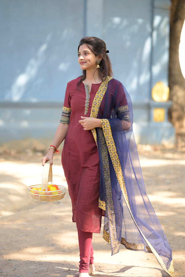 Indira Maroon Kurti Set (Top & Dupatta)