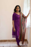 Purple Net Kurti with Multicolor Dupatta for Women