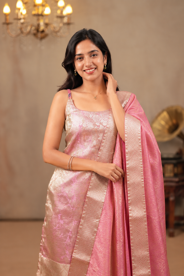 Nethra Pink Banarasi Tissue Spaghetti Kurti Set