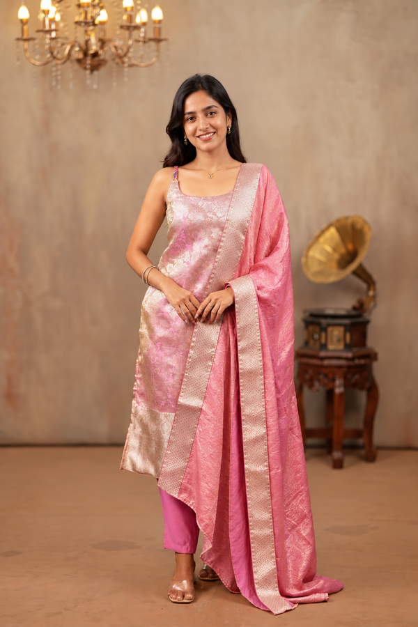 Nethra Pink Banarasi Tissue Spaghetti Kurti Set