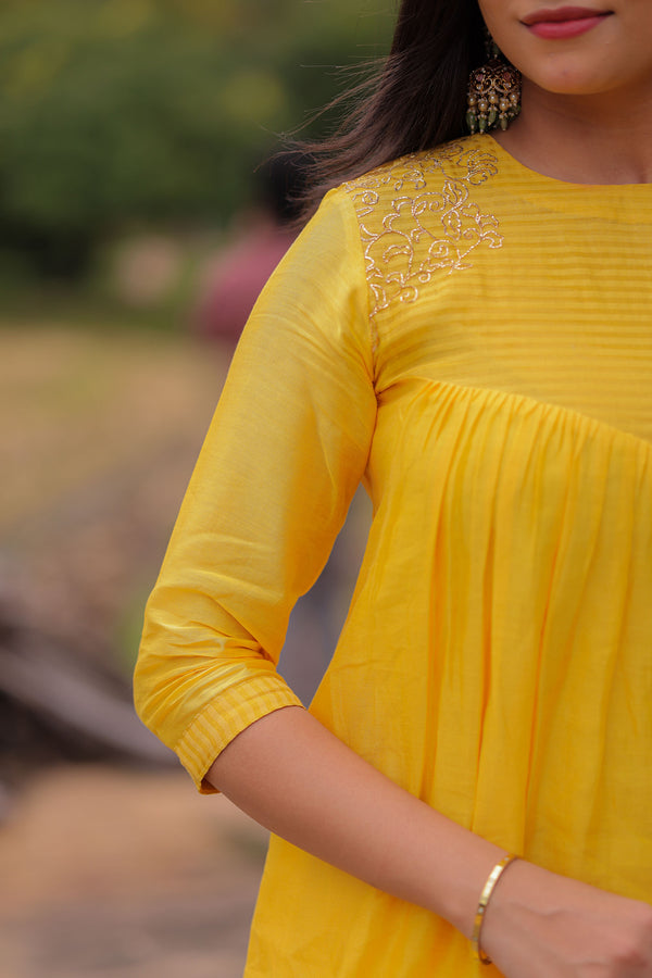 Golden Yellow Embroidered A-Line Kurta Set (PR)