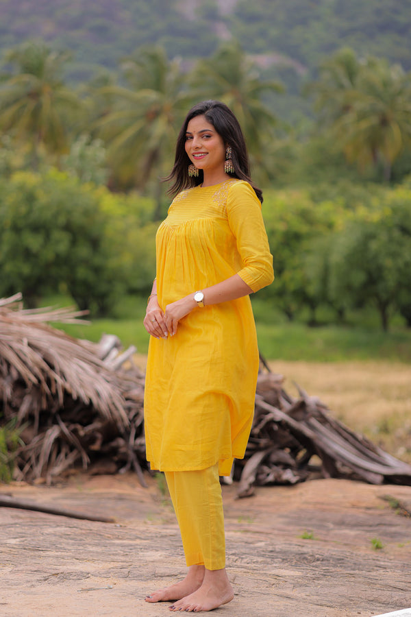 Golden Yellow Embroidered A-Line Kurta Set (PR)