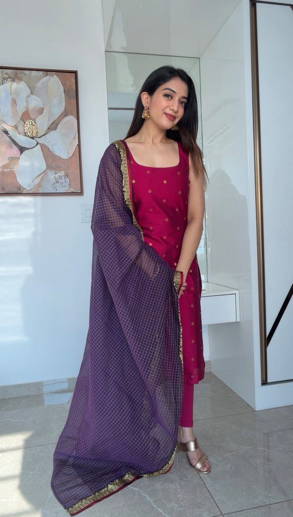 Meghna Magenta with Violet Chanderi Kurti Set ( Set of 2 )