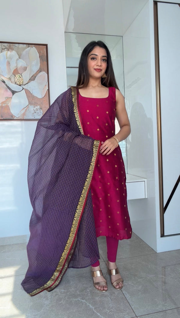 Meghna Magenta with Violet Chanderi Kurti Set ( Set of 2 )