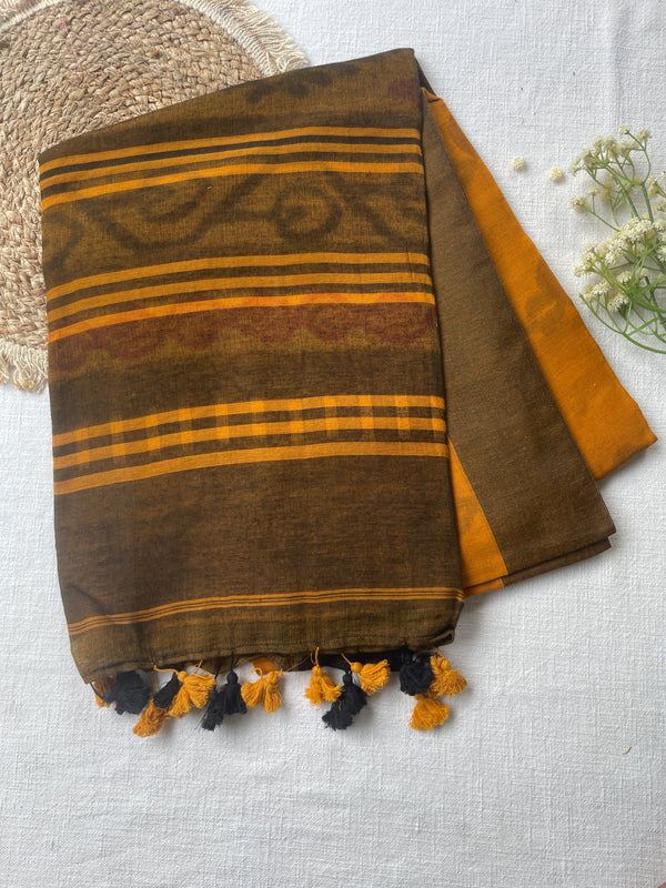 Mustard & Brown Mul Mul Cotton Saree