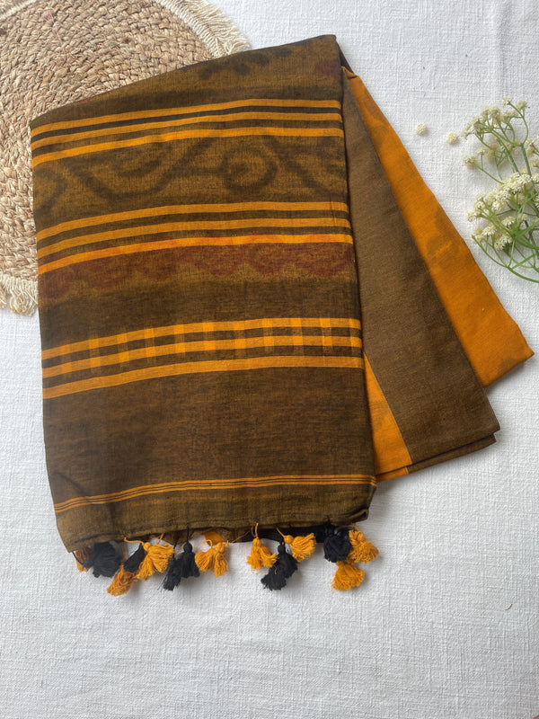 Mustard & Brown Mul Mul Cotton Saree