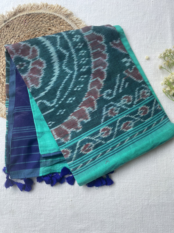 Teal & Navy Ikat Mul Cotton Saree