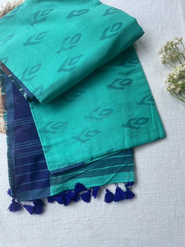 Teal & Navy Ikat Mul Cotton Saree