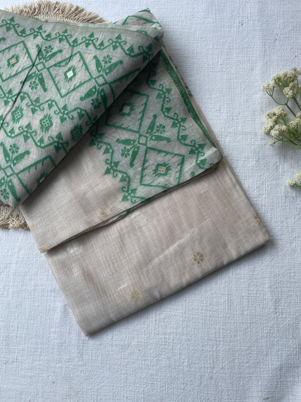 Ivory & Emerald Mul Mul Cotton Saree