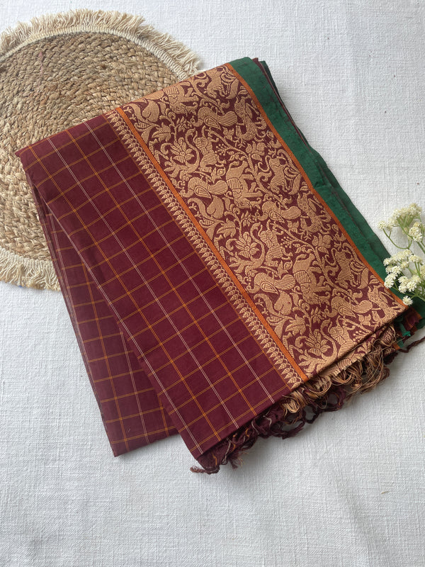 Maroon & Green Handloom Cotton Saree