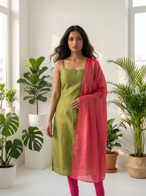 Mayilini Green Shimmer Kotta Spaghetti Kurti Set ( Set of 2 )