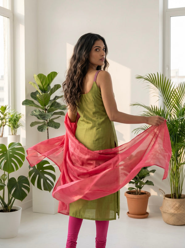 Mayilini Green Shimmer Kotta Spaghetti Kurti Set ( Set of 2 )