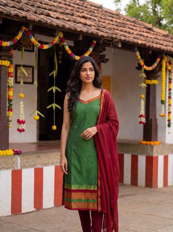 Charvi Green Narayanpet Spaghetti Kurti Set ( Set of 2 )