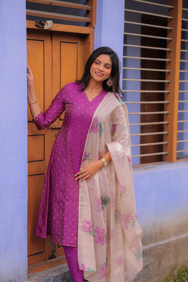 Lavender Lotus Banarasi A-Line Kurta with Dupatta (PR)