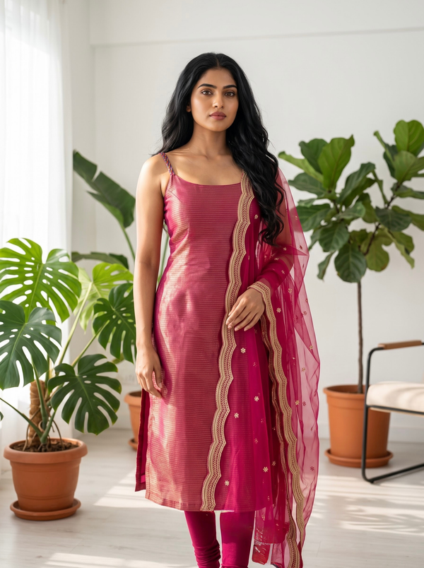 Mayilini Pink Shimmer Kotta Spaghetti Kurti Set ( Set of 2 )