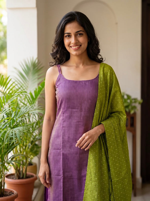 Mayilini Violet Shimmer Kotta Spaghetti Kurti Set ( Set of 2 )
