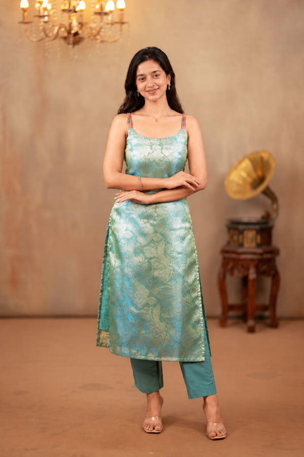 Nethra Aqua Blue Banarasi Tissue Spaghetti Kurti (Top Only)