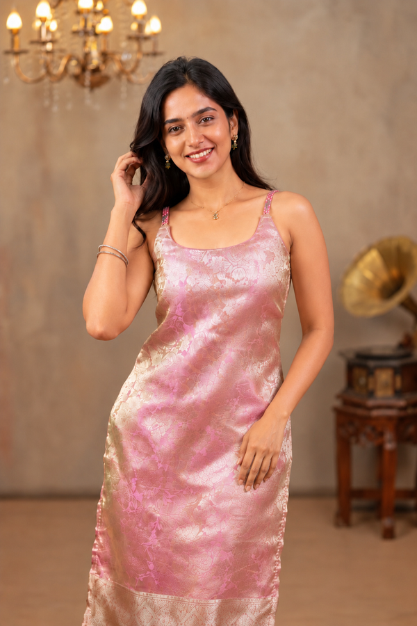 Nethra Pink Banarasi Tissue Spaghetti Kurti (Top Only)